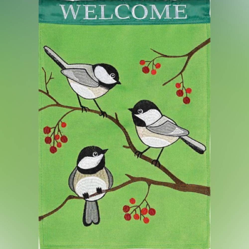 Chickadees on Green Welcome Flag - 29”x42”